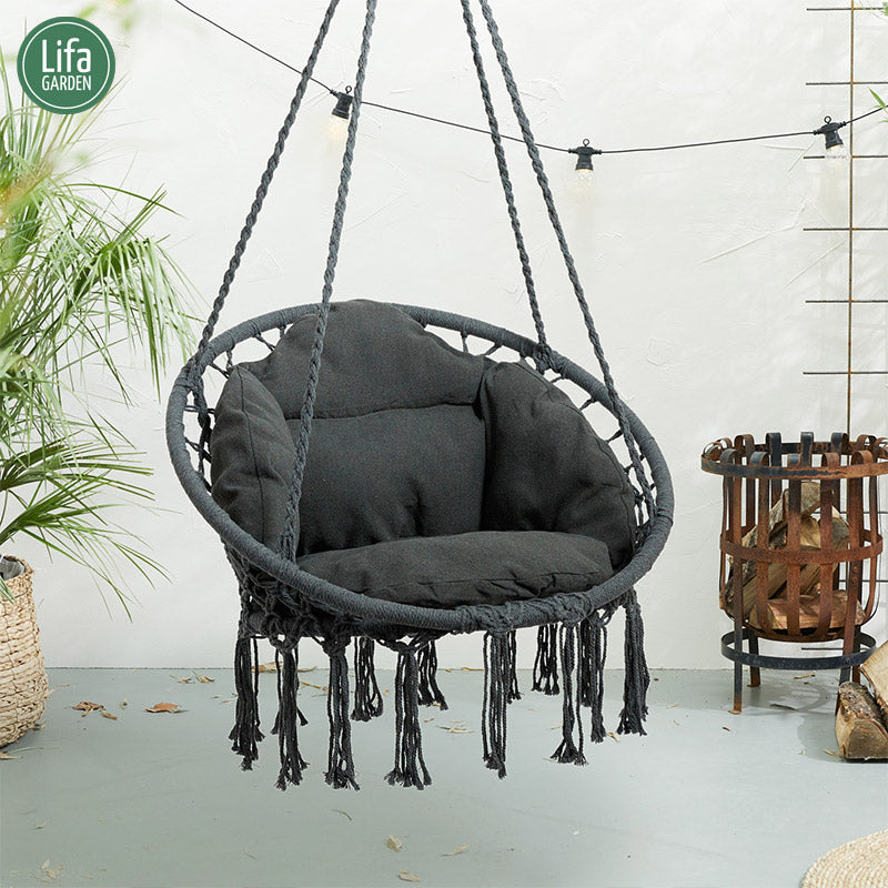 Ronde Hangstoel met Kussen β Zwart π€ | Comfort en Stijl in je Tuin of Interieur