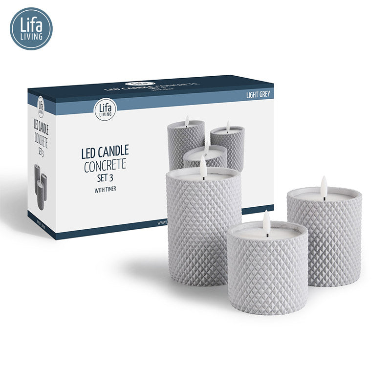 LED Kaars Set/3 - Met Cement - Inclusief Timer en Kabel - Lichtgrijs