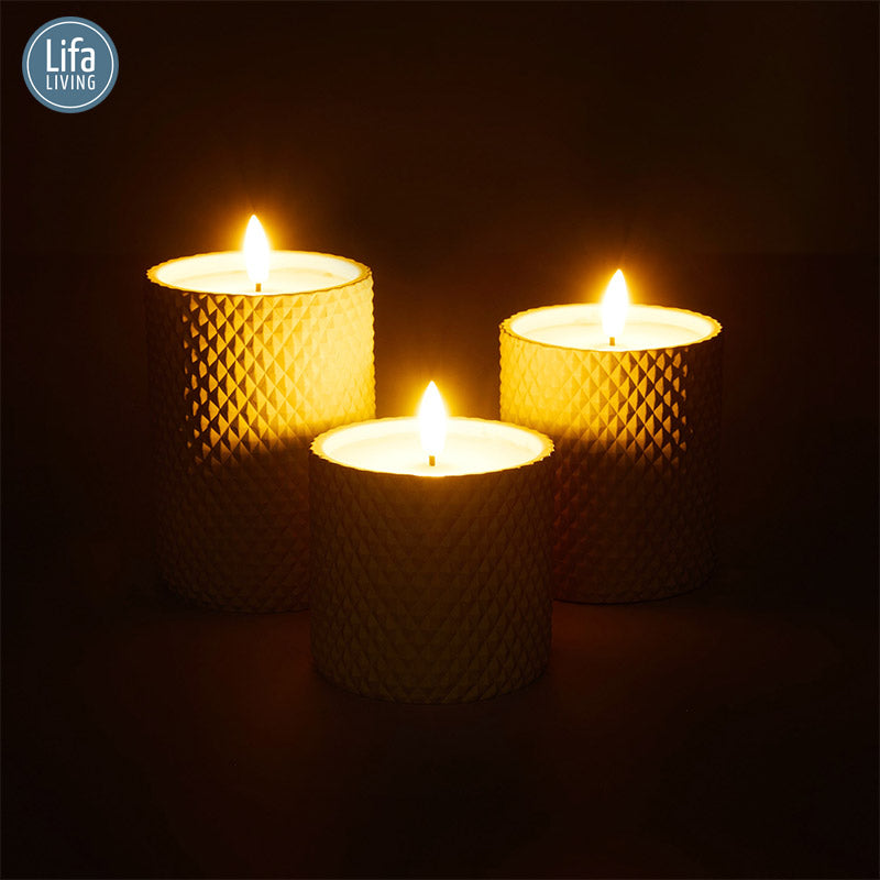 LED Kaars Set/3 - Met Cement - Inclusief Timer en Kabel - Lichtgrijs