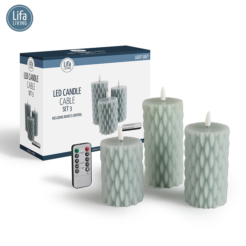 LED Kaars Set/3 - Met Wax - Inclusief Afstandsbediening en Kabel - Lichtgrijs