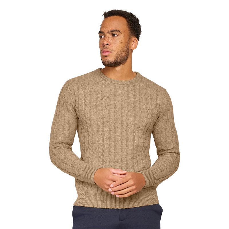 Loom Kabeltrui met Ronde Hals – Beige & Zwart