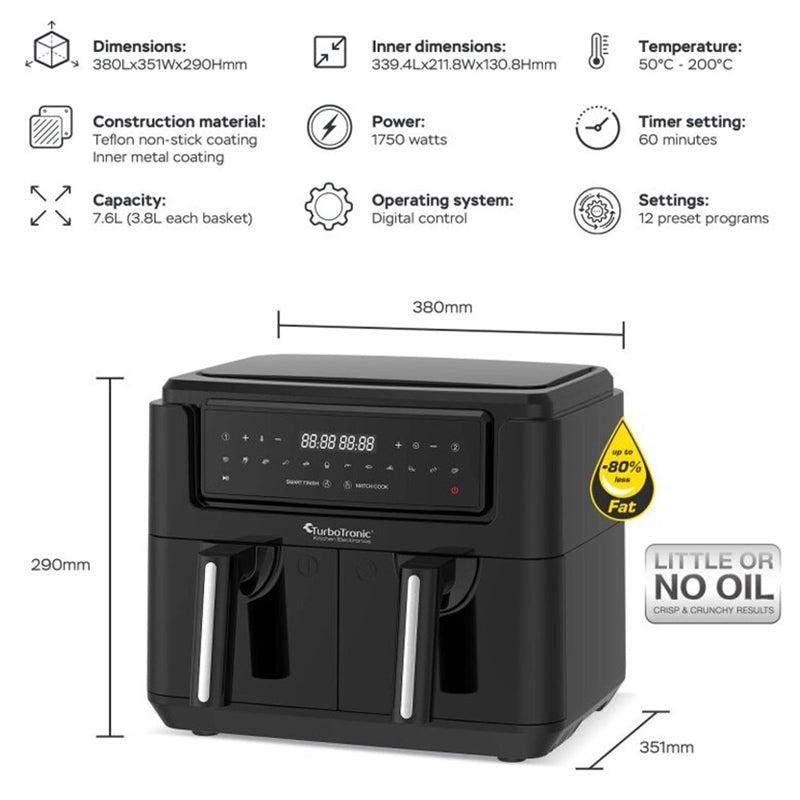 AF118 Dubbele Airfryer XL – 7,6 Liter – Zwart