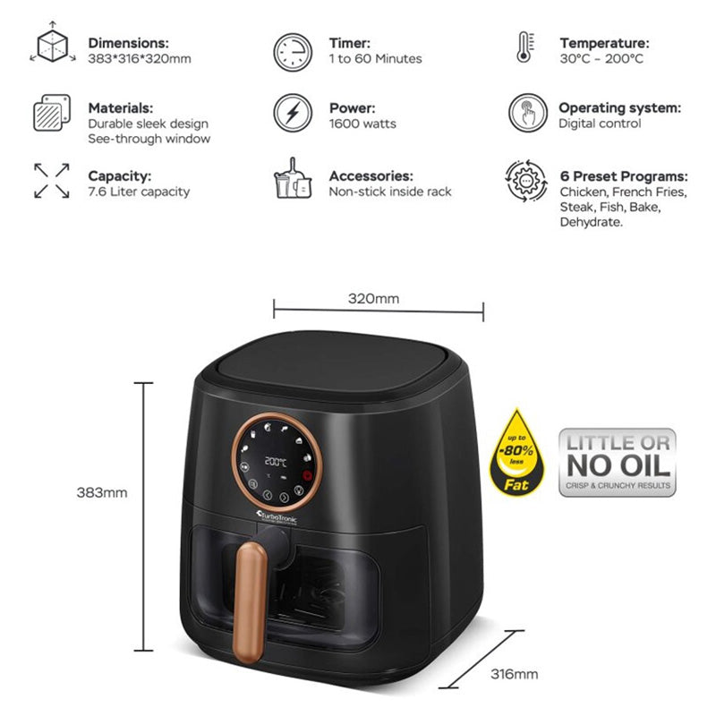 AF200 Digitale Airfryer – 7,6 Liter – Zwart