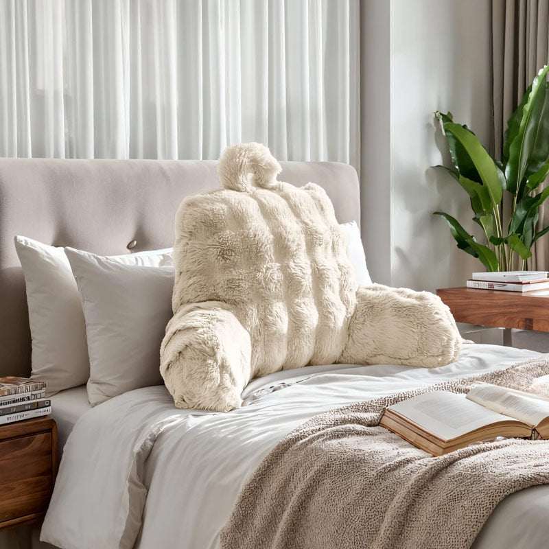 Bedrest Pompom 34×50 cm – Faux Fur Rugsteunkussen in Beige, Taupe & Antraciet