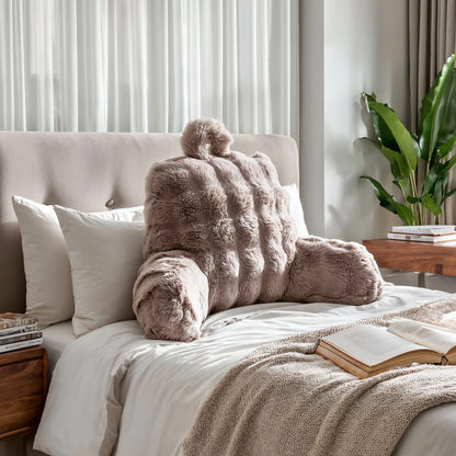 Bedrest Pompom 34×50 cm – Faux Fur Rugsteunkussen in Beige, Taupe & Antraciet