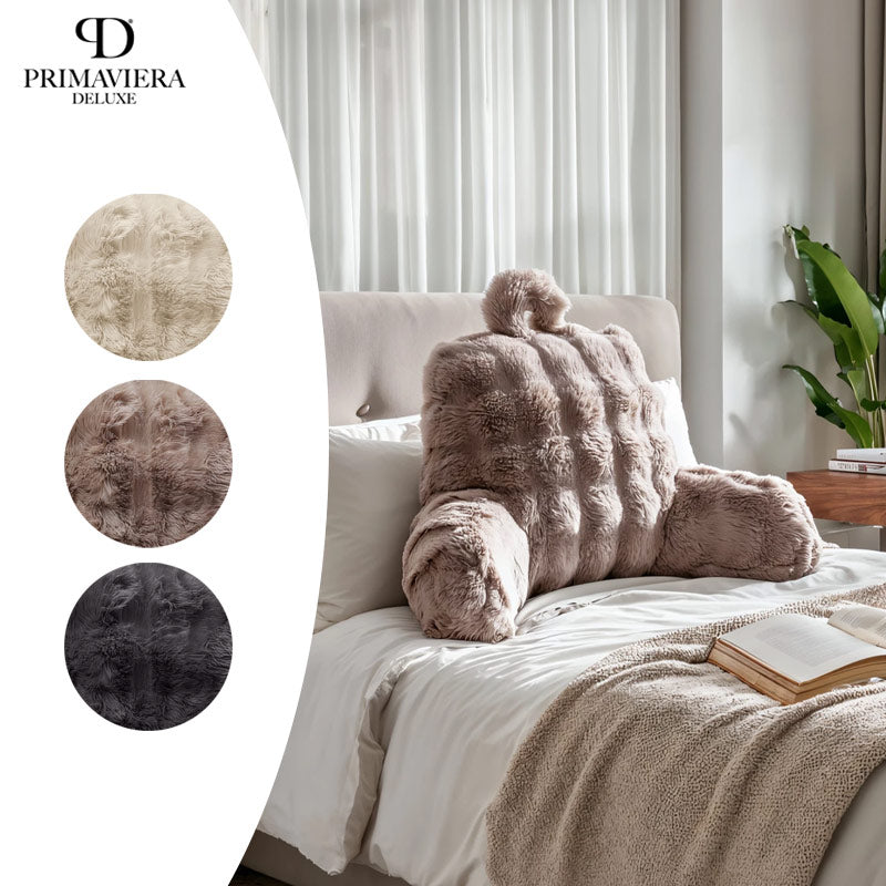 Bedrest Pompom 34×50 cm – Faux Fur Rugsteunkussen in Beige, Taupe & Antraciet