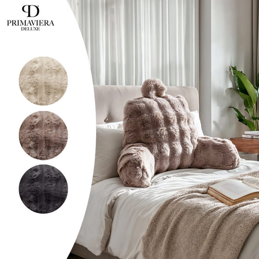 Bedrest Pompom 34×50 cm – Faux Fur Rugsteunkussen in Beige, Taupe & Antraciet