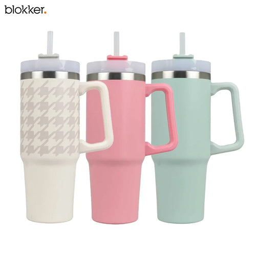 Blokker - RVS Drinkbeker 900 ml met Rietje – Dubbelwandige Thermobeker