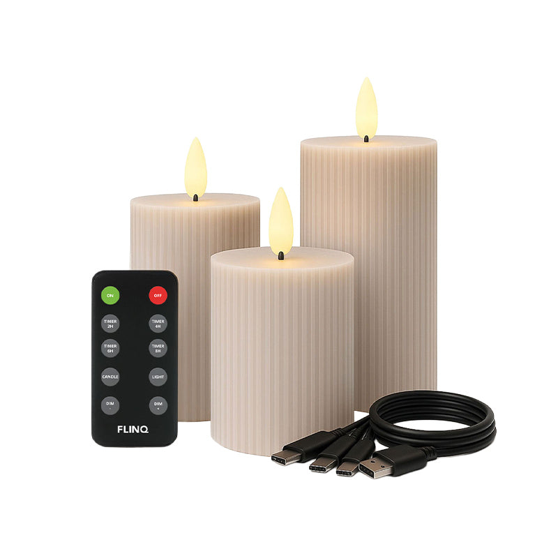 LED Rechargeable Ribbed Candle – White &amp; Taupe