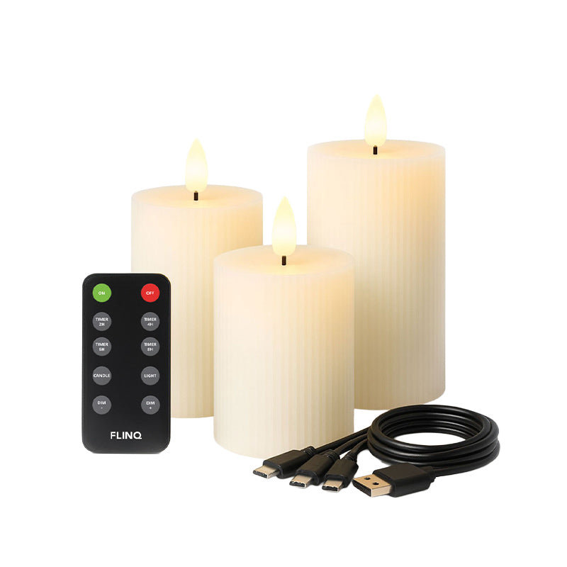 LED Rechargeable Ribbed Candle – White &amp; Taupe