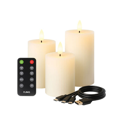 LED Rechargeable Ribbed Candle – White &amp; Taupe
