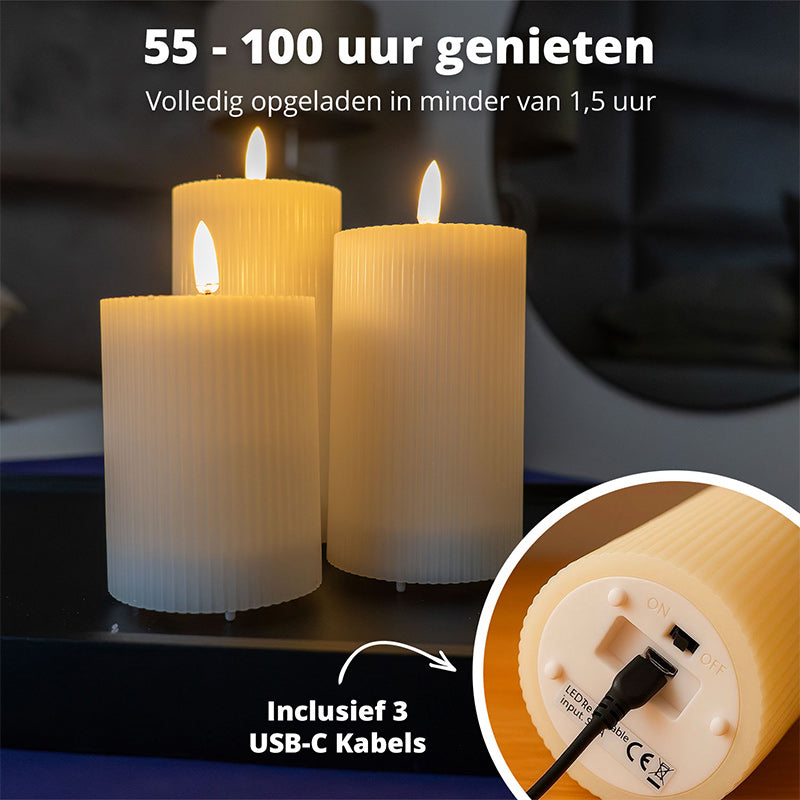LED Rechargeable Ribbed Candle – White &amp; Taupe