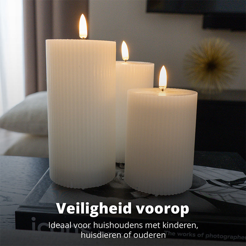 LED Rechargeable Ribbed Candle – White &amp; Taupe