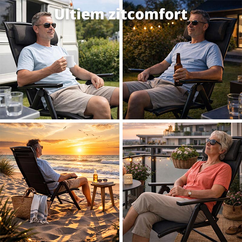 FlinQ Verstelbare Tuinstoel Luma 2-Pack – Luxe Inklapbare Campingstoelen met 7 Standen