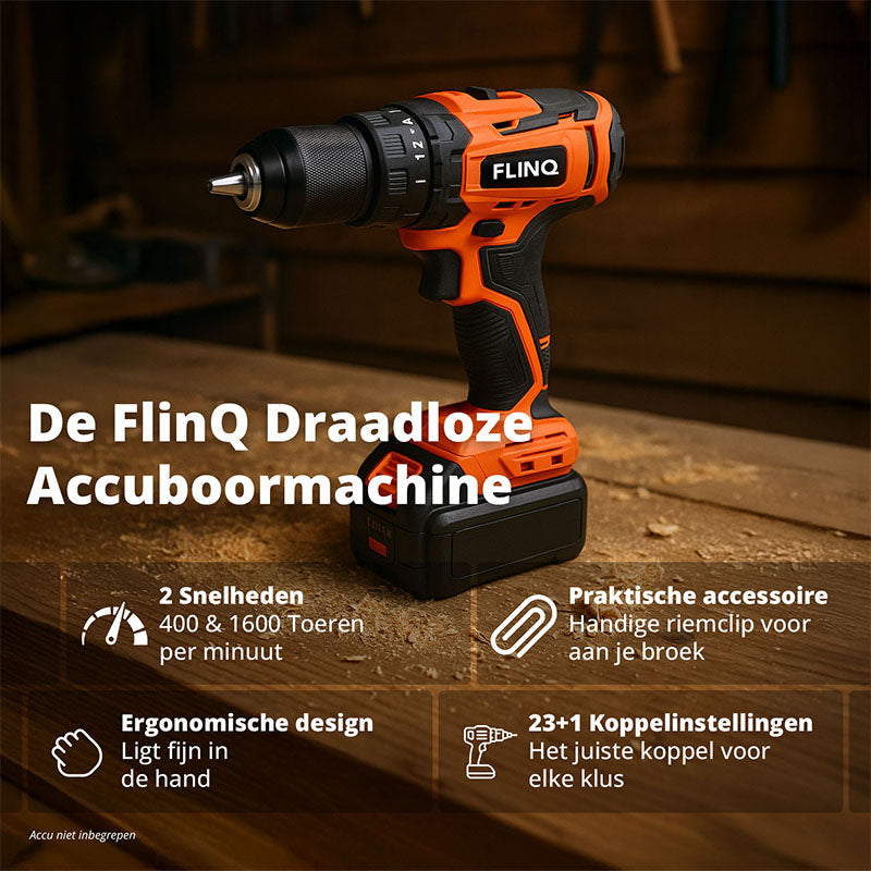 FlinQ Accuboormachine 20V – Draadloze Boormachine met Optionele Accu & Oplader