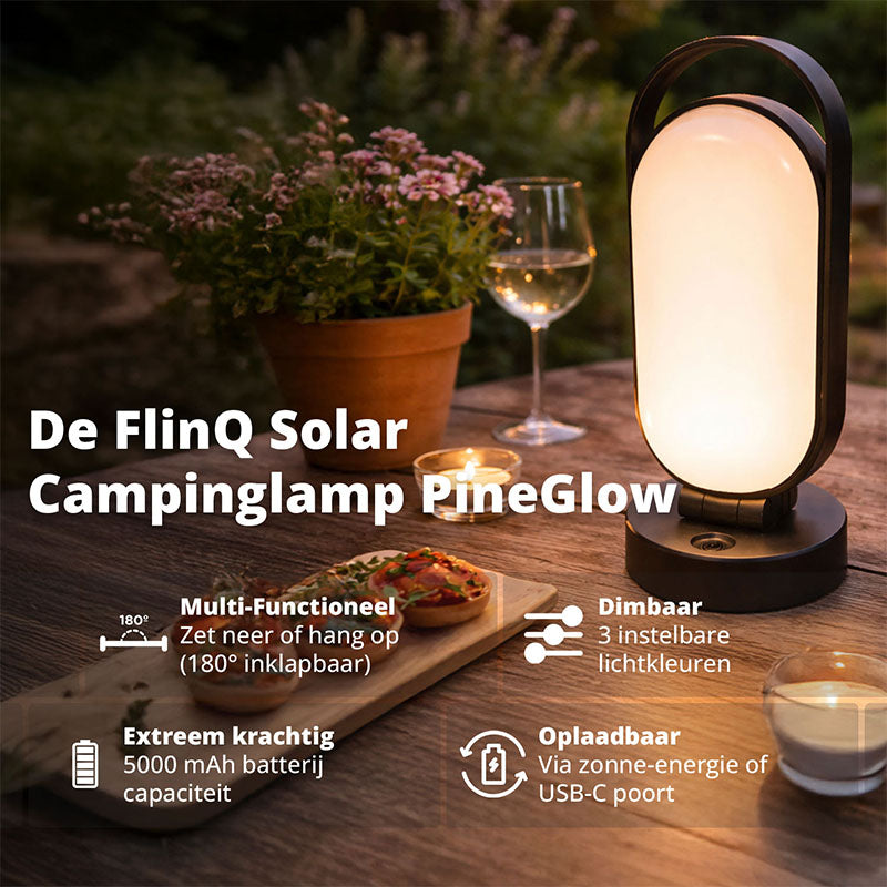 FlinQ Solar Campinglamp PineGlow – Oplaadbare LED Lamp met Zonne-energie & USB-C