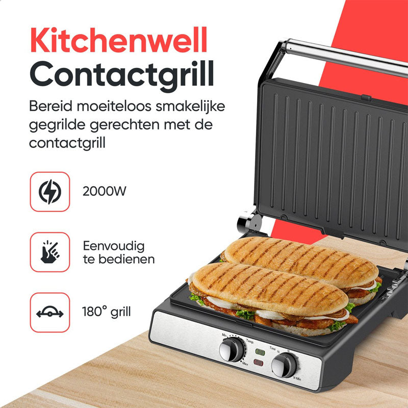 KitchenWell Contact Grill 2000W – Contactgrill, Tosti-ijzer & Tafelgrill in Één