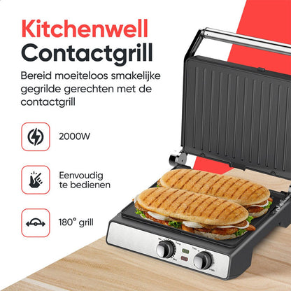 KitchenWell Contact Grill 2000W – Contactgrill, Tosti-ijzer & Tafelgrill in Één