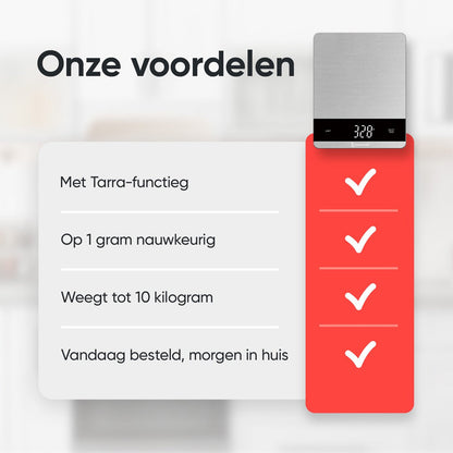 Kitchenwell Digitale Keukenweegschaal 10 kg – Met Tarra, LCD-scherm & Glazen Platform