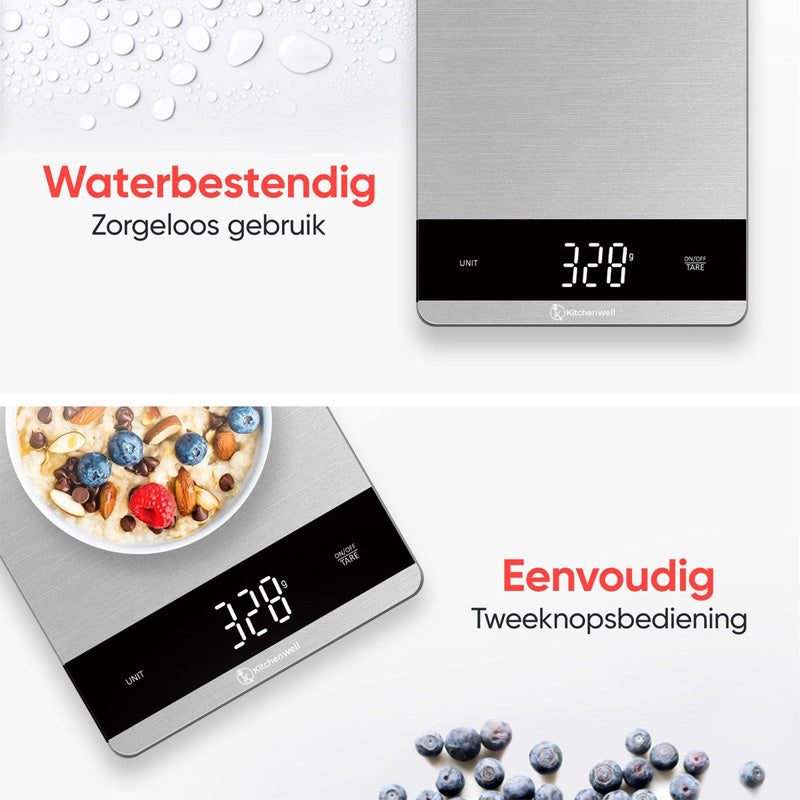 Kitchenwell Digitale Keukenweegschaal 10 kg – Met Tarra, LCD-scherm & Glazen Platform