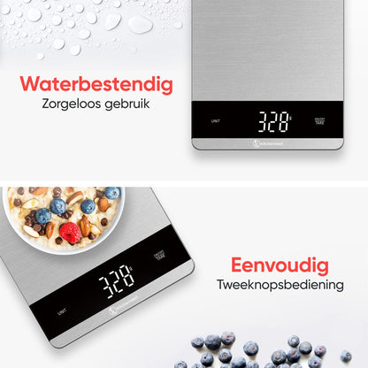 Kitchenwell Digitale Keukenweegschaal 10 kg – Met Tarra, LCD-scherm & Glazen Platform