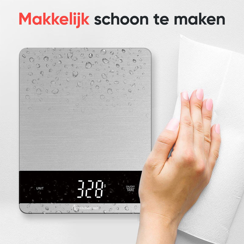 Kitchenwell Digitale Keukenweegschaal 10 kg – Met Tarra, LCD-scherm & Glazen Platform
