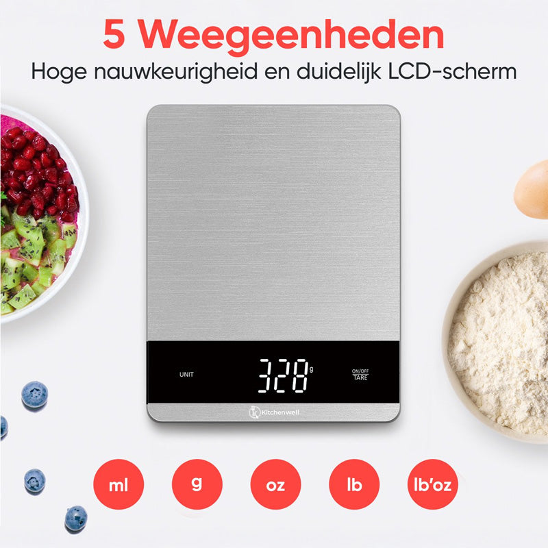 Kitchenwell Digitale Keukenweegschaal 10 kg – Met Tarra, LCD-scherm & Glazen Platform