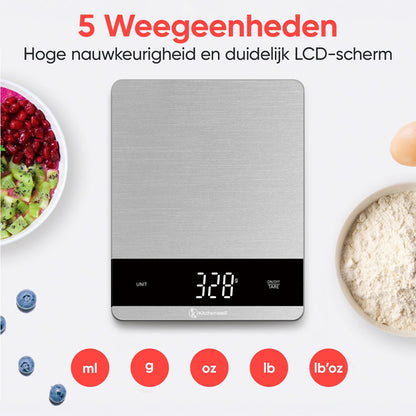 Kitchenwell Digitale Keukenweegschaal 10 kg – Met Tarra, LCD-scherm & Glazen Platform