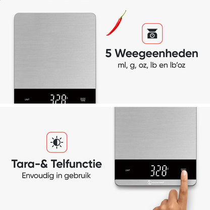 Kitchenwell Digitale Keukenweegschaal 10 kg – Met Tarra, LCD-scherm & Glazen Platform