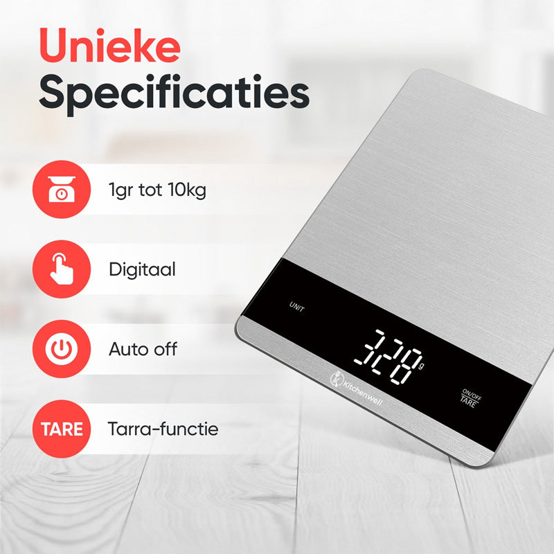 Kitchenwell Digitale Keukenweegschaal 10 kg – Met Tarra, LCD-scherm & Glazen Platform