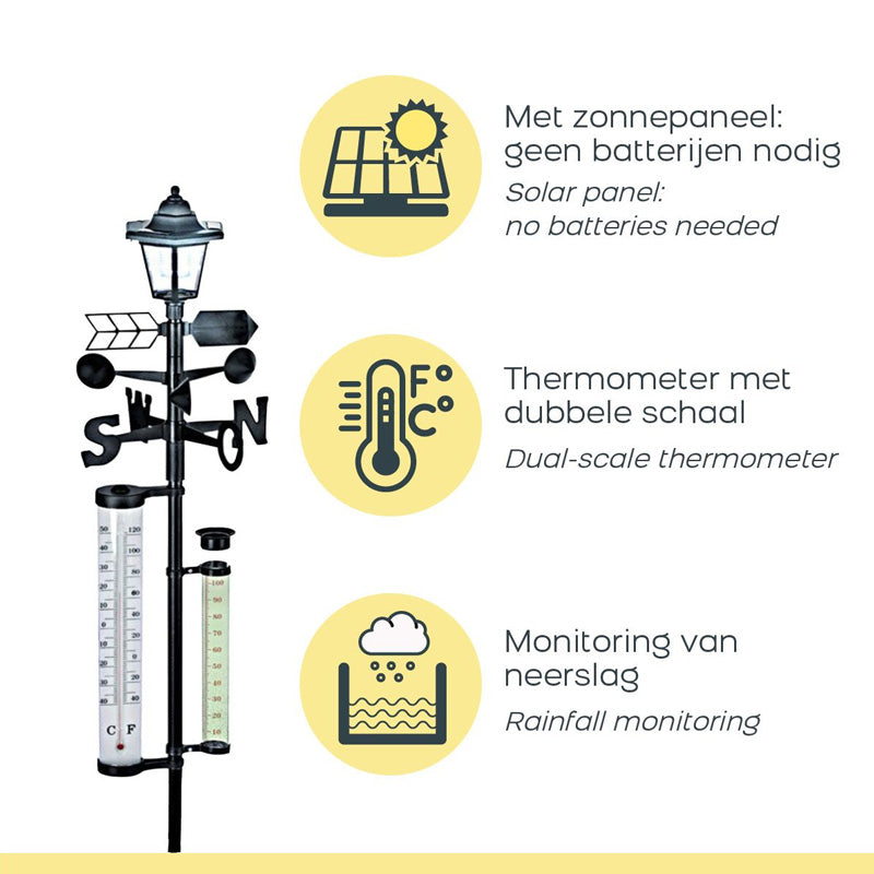 Orange Donkey Solar Weerstation 3-in-1 – Tuin Weerstation met Regenmeter, Windmeter & Thermometer