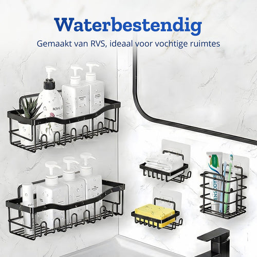 RS Goods Douche Rek Set 5-delig – Zwarte Badkamer Organizer Zonder Boren