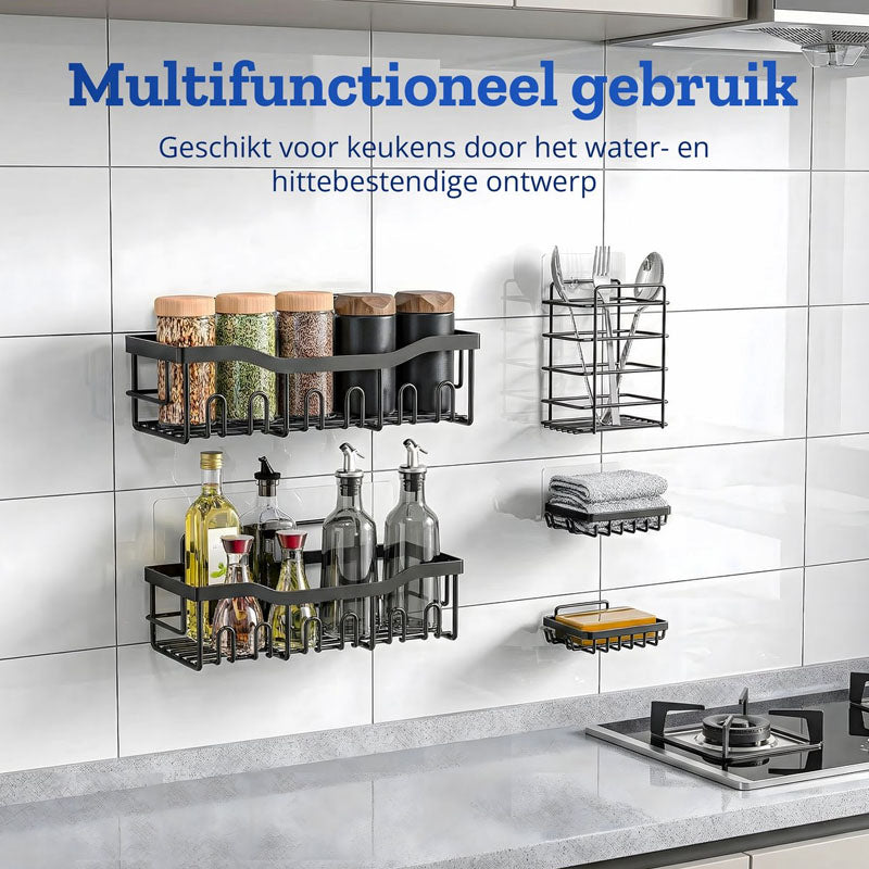 RS Goods Douche Rek Set 5-delig – Zwarte Badkamer Organizer Zonder Boren
