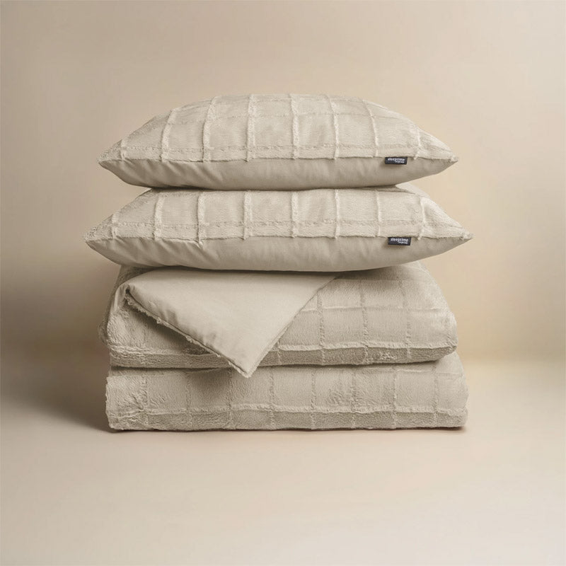 Faux Fur Check Dekbedovertrek – Groen, Taupe, Zwart & Beige