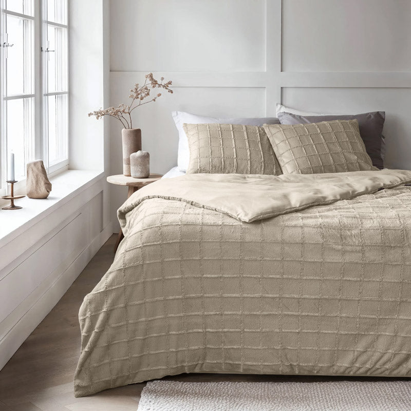 Faux Fur Check Dekbedovertrek – Groen, Taupe, Zwart & Beige