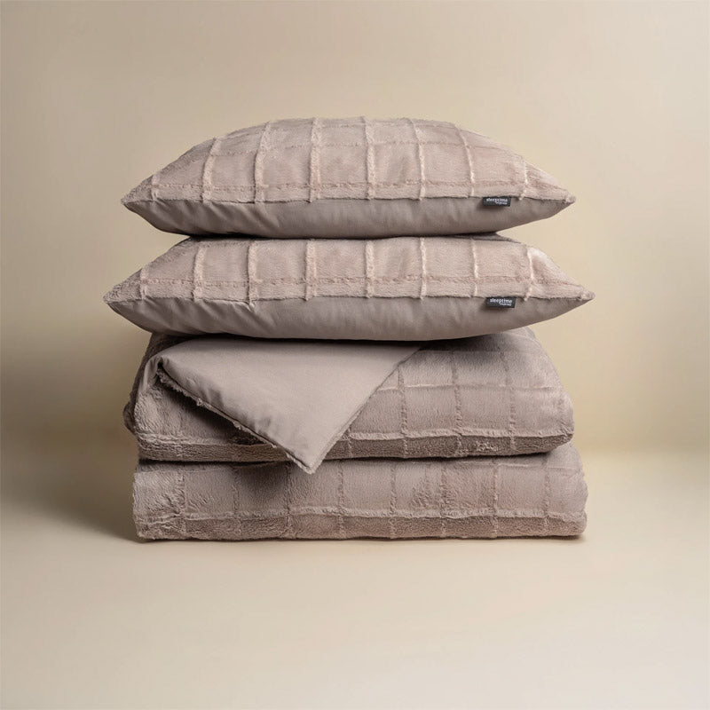 Faux Fur Check Dekbedovertrek – Groen, Taupe, Zwart & Beige