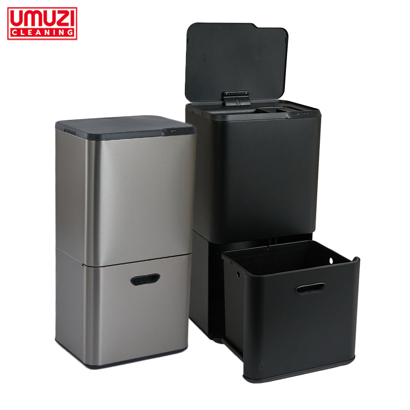 Prullenbak met Sensor – 63 Liter – Mat Zwart / Metal Grey